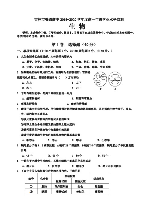 最新吉林省吉林市高一上学期期末考试生物试题(有答案)-推荐试卷.doc