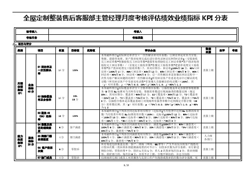 全屋定制整装售后客服部主管经理月度考核评估绩效业绩指标KPI分表