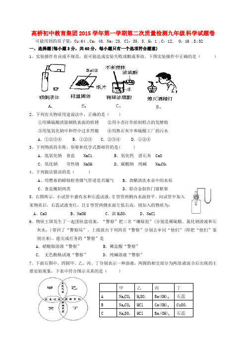 浙江省杭州市萧山区高桥教育集团九年级科学上学期第二次教学质量调研考试试题