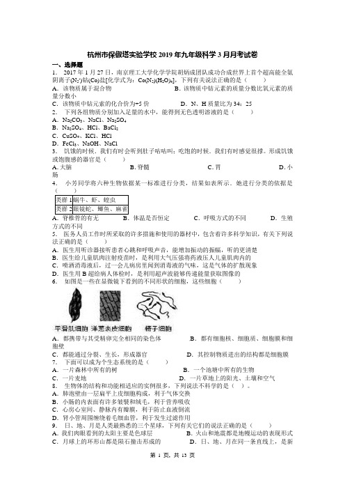 杭州市保俶塔实验学校2019年九年级科学3月月考试卷