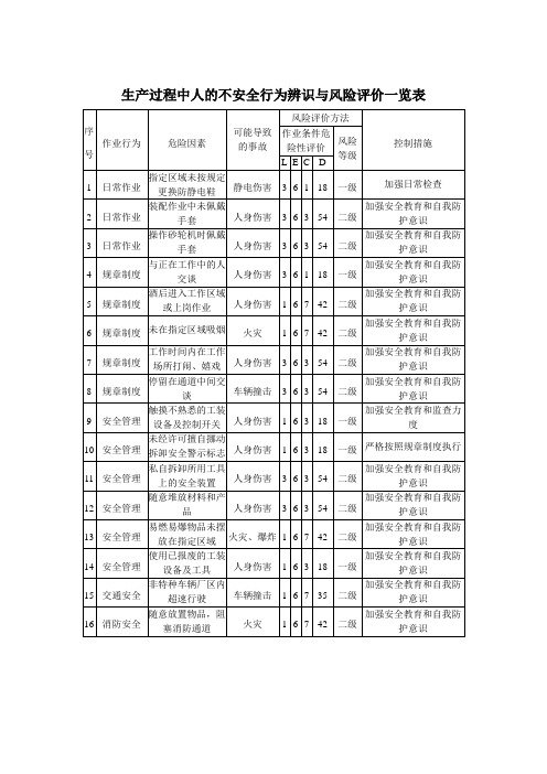 生产过程中人的不安全行为辨识与风险评价一览表