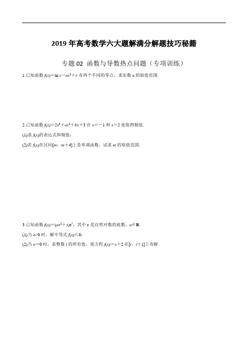 专题02 函数与导数热点问题(专项训练)-2019年高考数学六大题解满分解题技巧秘籍(原卷版)