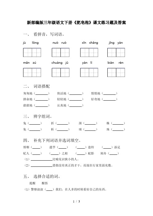 新部编版三年级语文下册《肥皂泡》课文练习题及答案