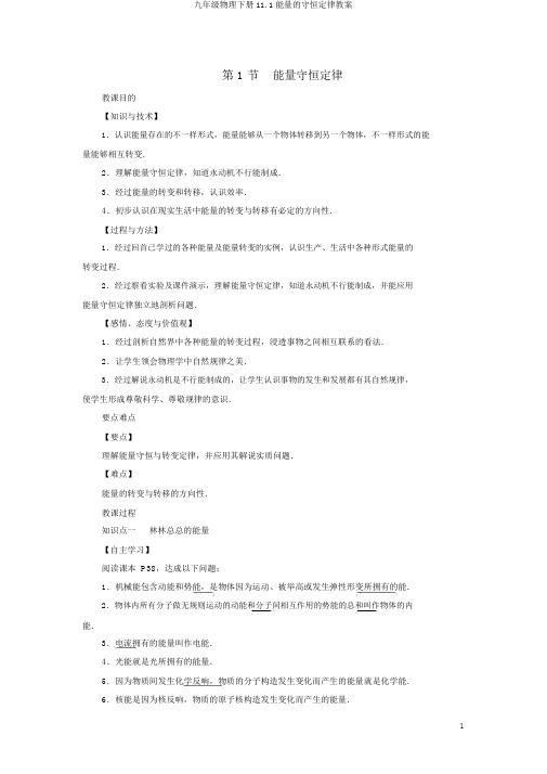 九年级物理下册11.1能量的守恒定律教案