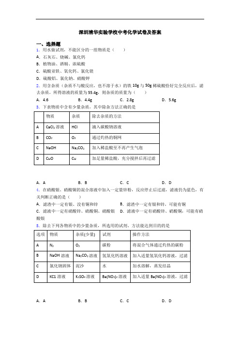 深圳清华实验学校中考化学试卷及答案