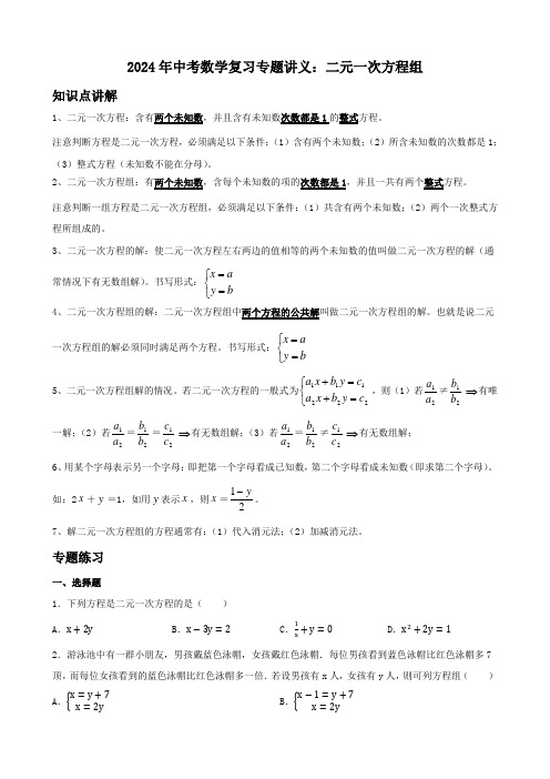 2024年中考数学复习专题讲义：二元一次方程组(含答案)