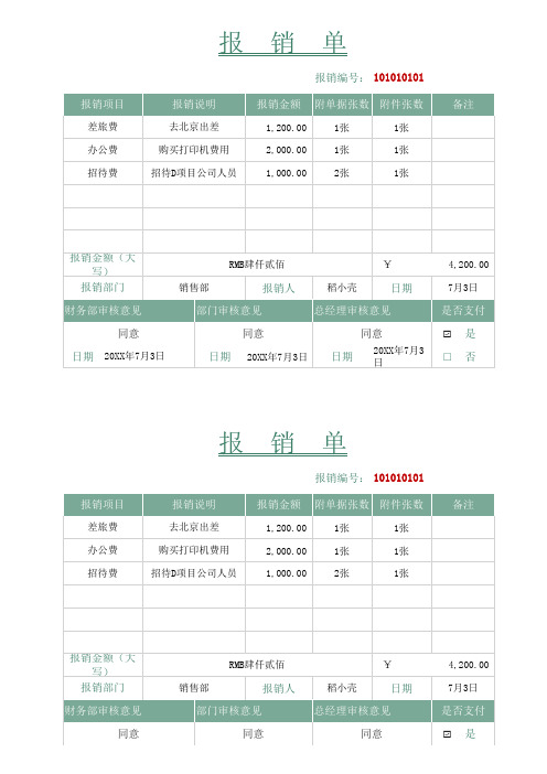 报销单(一式两份)模板
