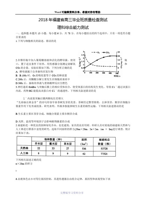 福建省2018年高三毕业班质量检查测试理科综合试卷(word版)