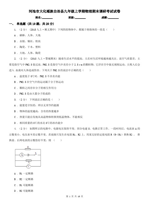 河池市大化瑶族自治县九年级上学期物理期末调研考试试卷