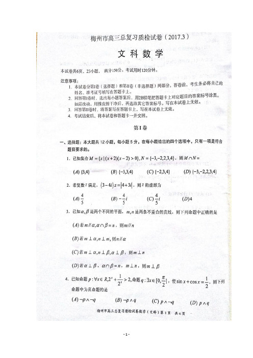 广东省梅州市2017届高三下学期一检(3月)数学(文)试题 扫描版含答案