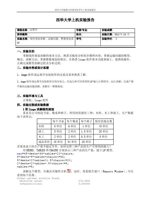 实验一 线性规划求解、运输问题、整数规划求解