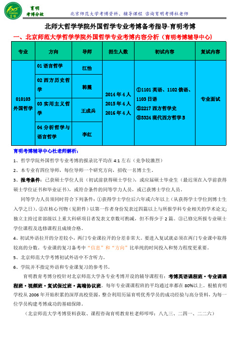 北京师范大学哲学学院外国哲学专业考博真题考分数线试内容分复习资料联系导师模板-育明考博