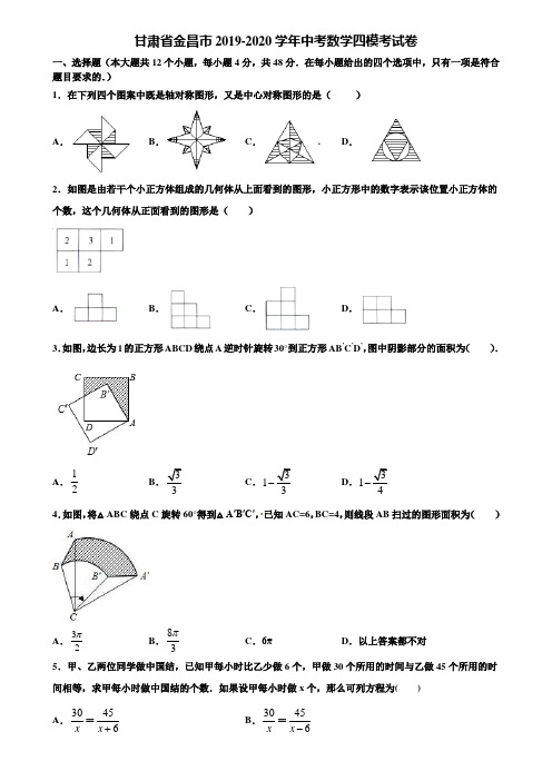 甘肃省金昌市2019-2020学年中考数学四模考试卷含解析