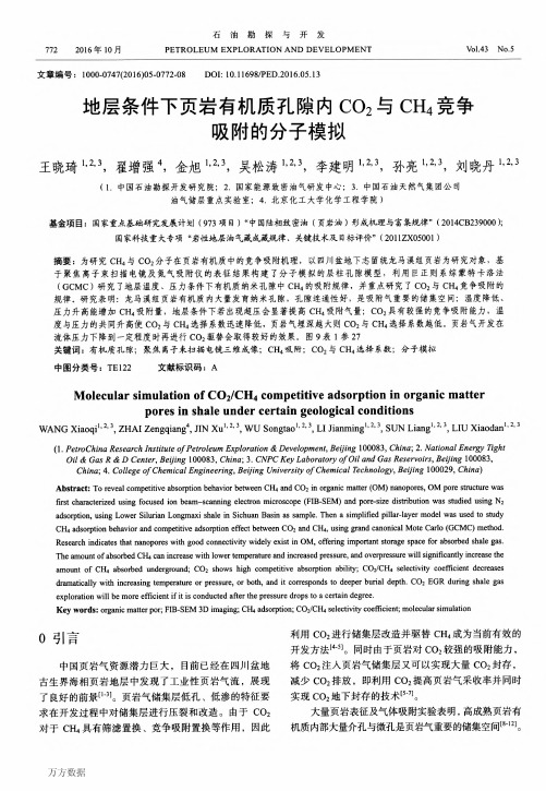 地层条件下页岩有机质孔隙内CO2与CH4竞争吸附的分子模拟