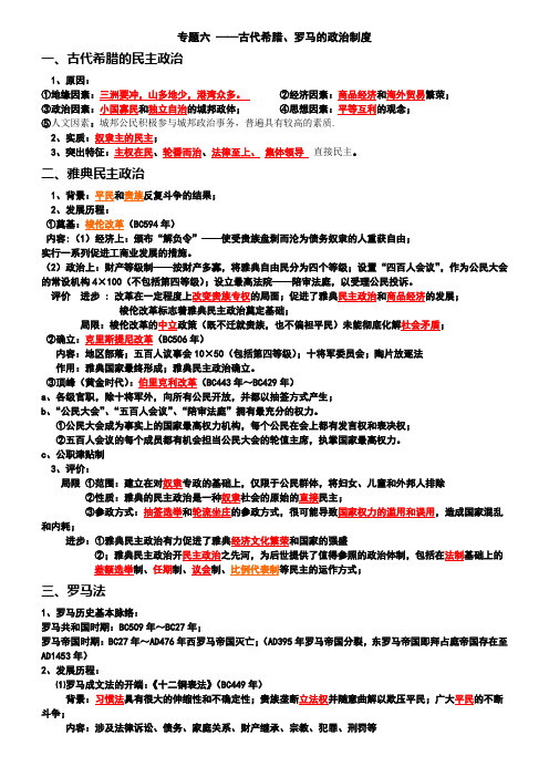 高中历史人教版必修一专题六 ——古代希腊、罗马的政治制度知识点整理