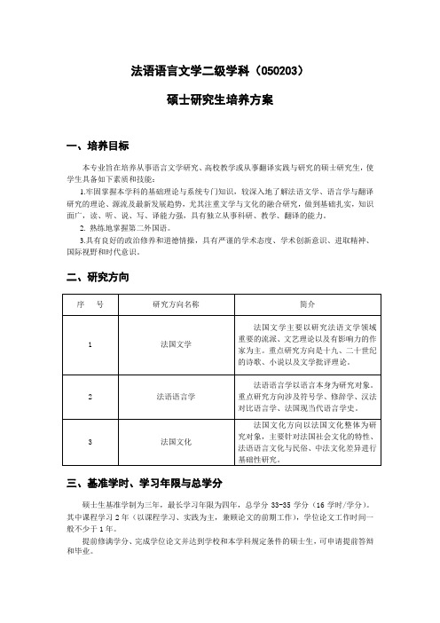 22.法语语言文学二级学科硕士研究生培养方案(外国语学院)