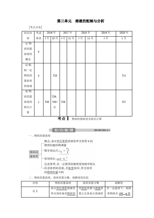 (浙江选考)2021版高考化学一轮复习专题1化学家眼中的物质世界3第三单元溶液的配制与分析教学案