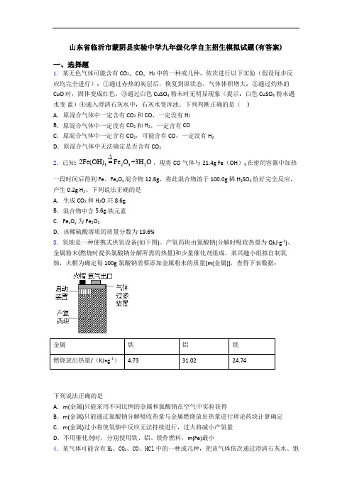 山东省临沂市蒙阴县实验中学九年级化学自主招生模拟试题(有答案)