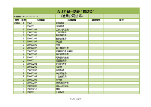 公司会计科目一览表表