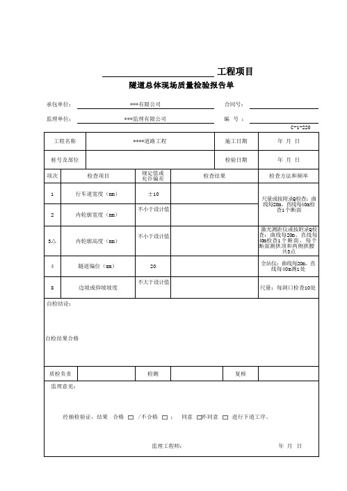 隧道总体现场质量检验报告单