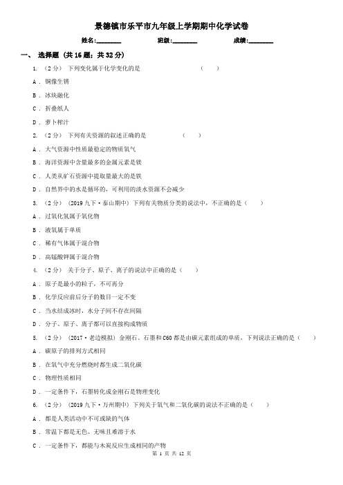 景德镇市乐平市九年级上学期期中化学试卷