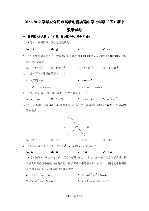 2021-2022学年安徽省合肥市高新创新实验中学七年级(下)期末数学试卷及答案解析