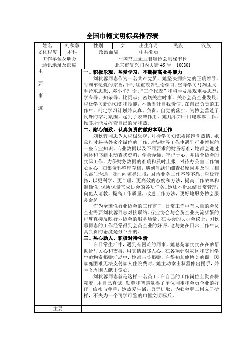 全国巾帼文明标兵推荐表