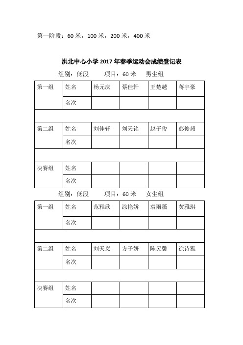 洪北中心小学2017年春季运动会春季登记表