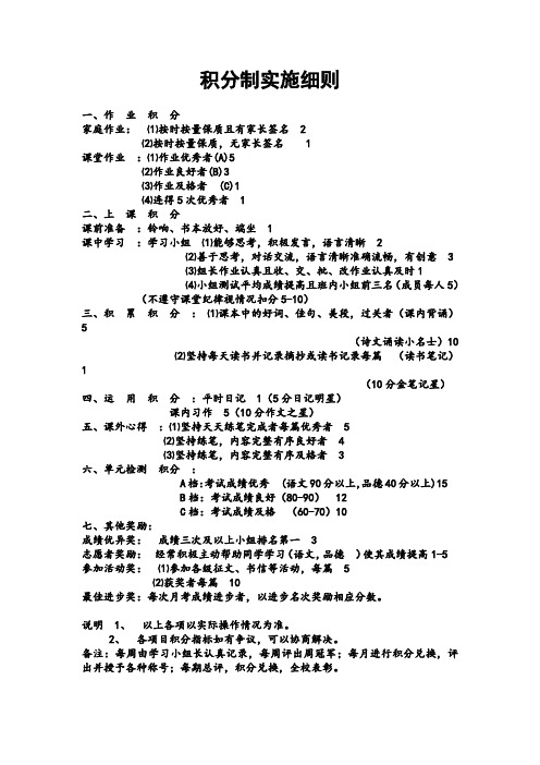 邱馆小学部语文学科积分制实施细则