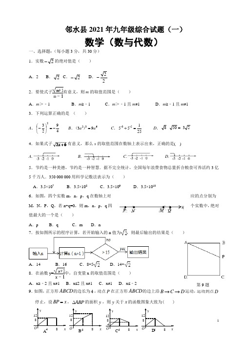 2021年九年级数学综合试题一(数与代数)