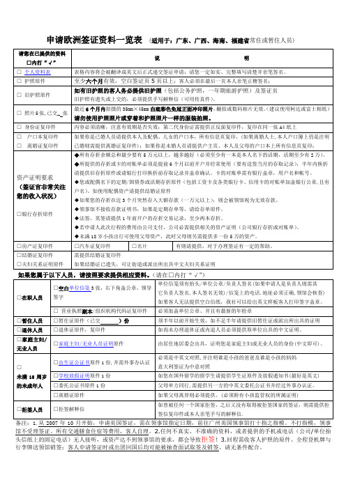 申请欧洲签证资料一览表