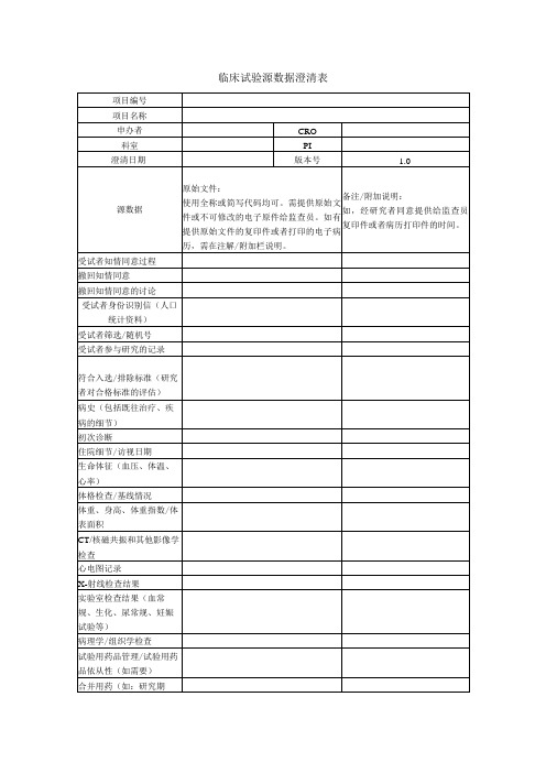 临床试验源数据澄清表