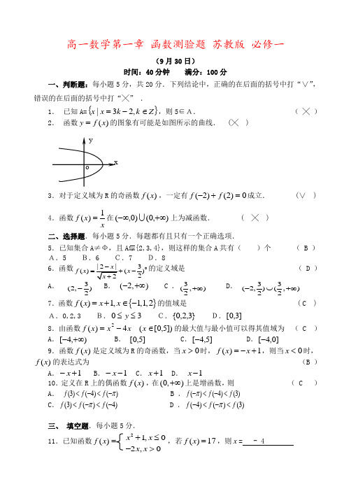 高一数学第一章 函数测验题 苏教版 必修一