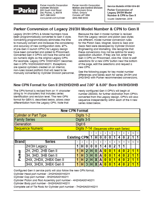 Parker 转换 Legacy 2H 3H 模型的 CPN 和型号到 Gen II 样式指南说明书