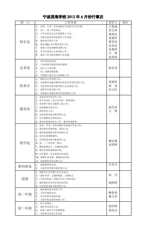 宁波滨海学校2012年6月份行事历