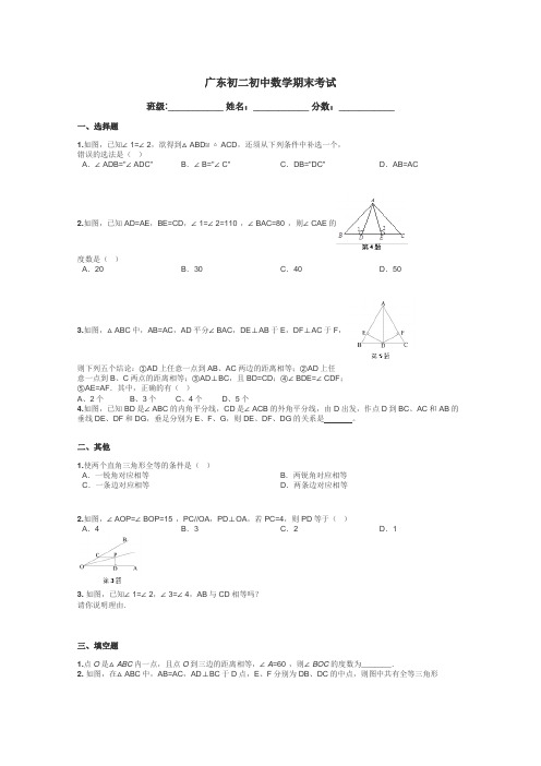 广东初二初中数学期末考试带答案解析
