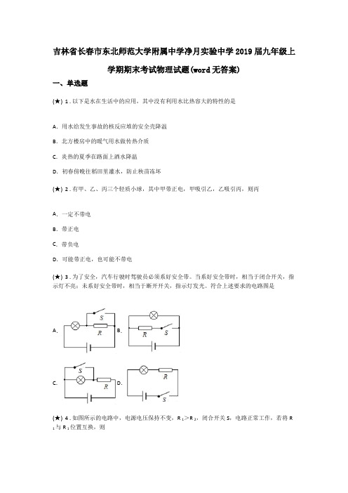 吉林省长春市东北师范大学附属中学净月实验中学2019届九年级上学期期末考试物理试题(word无答案)