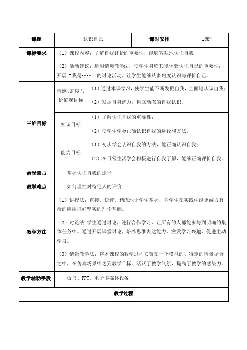 人教版道德与法治(五四学制)六年级全一册 3.1 认识自己 教案设计