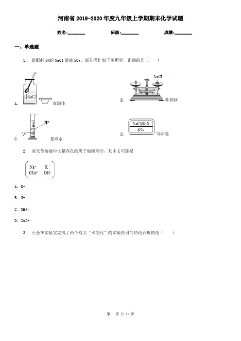 河南省2019-2020年度九年级上学期期末化学试题