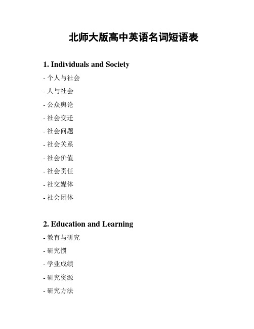 北师大版高中英语名词短语表