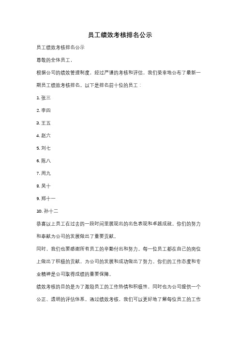 员工绩效考核排名公示