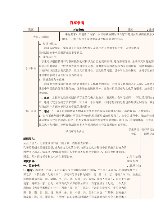 四川省宜宾市一中2017-2018学年高中历史学期第三周 百家争鸣教学设计