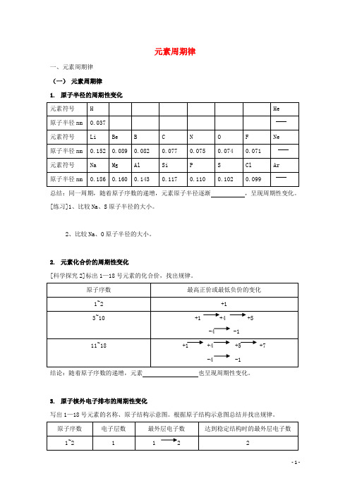 高中化学 第三册 第九章 初识元素周期律 9.1 元素周期律学案(无答案)沪科版