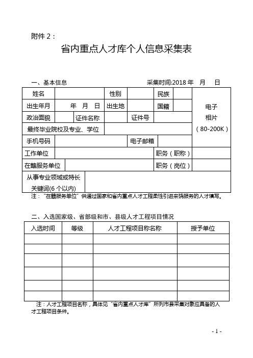 省内重点人才库个人信息采集表