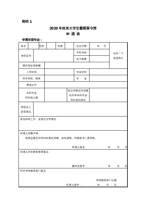 2020年优秀大学生暑期夏令营申请表【模板】