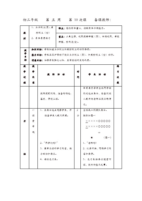 初三体育与健康教案集：头手倒立(男)、肩肘倒立(女)