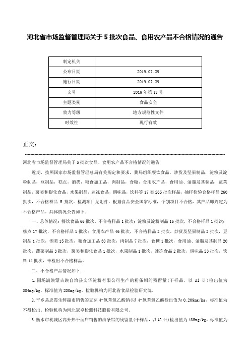 河北省市场监督管理局关于5批次食品、食用农产品不合格情况的通告-2019年第13号