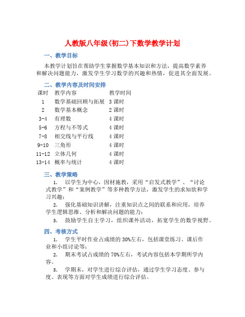 人教版八年级(初二)下数学教学计划