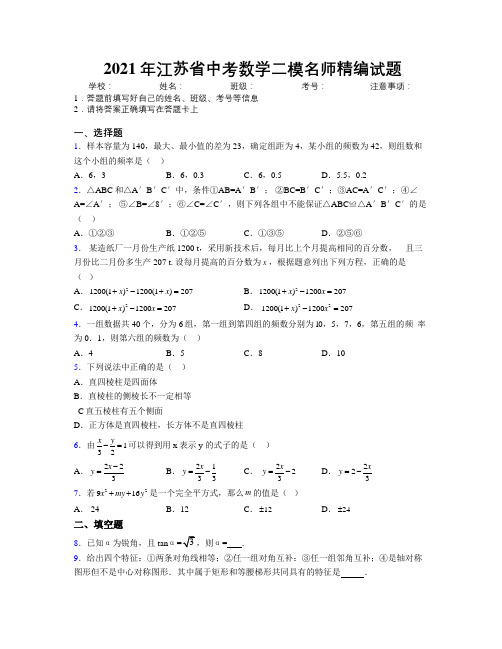 2021年江苏省中考数学二模名师精编试题附解析