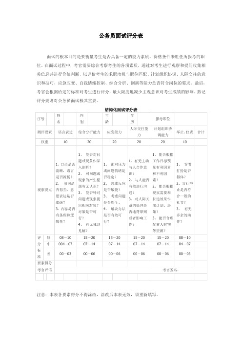 公务员面试打分表